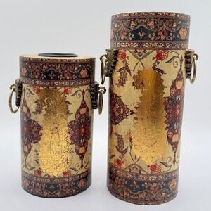 Ornate Decorative Cylinders Set of 2 Gold Floral Print Handles